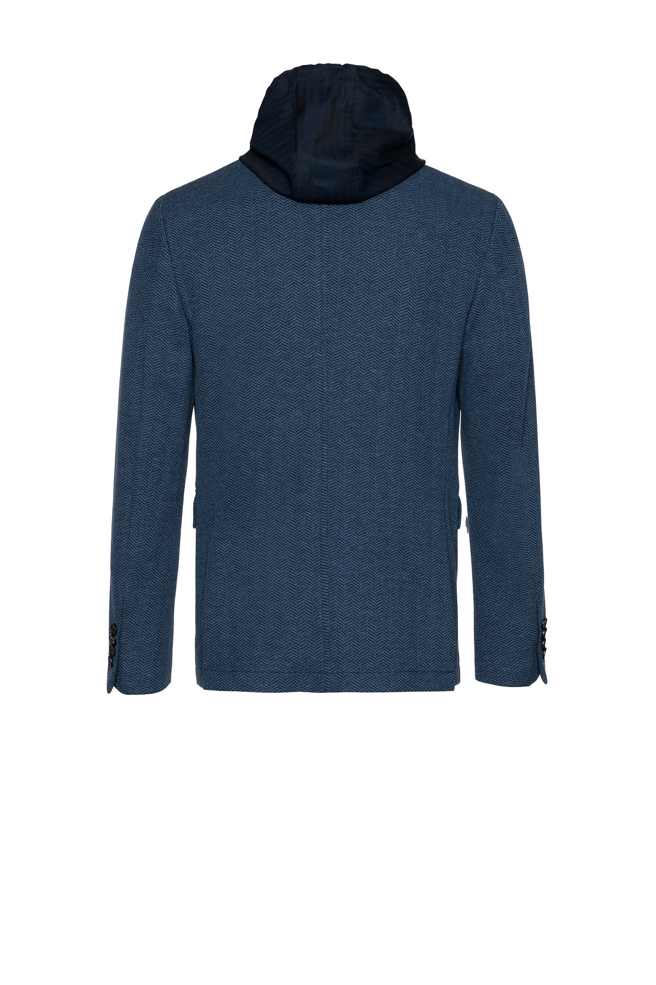 BRANDON BLUE HERRINGBONE SPORTS COAT WITH HOOD 29.5 INCH LENGTH