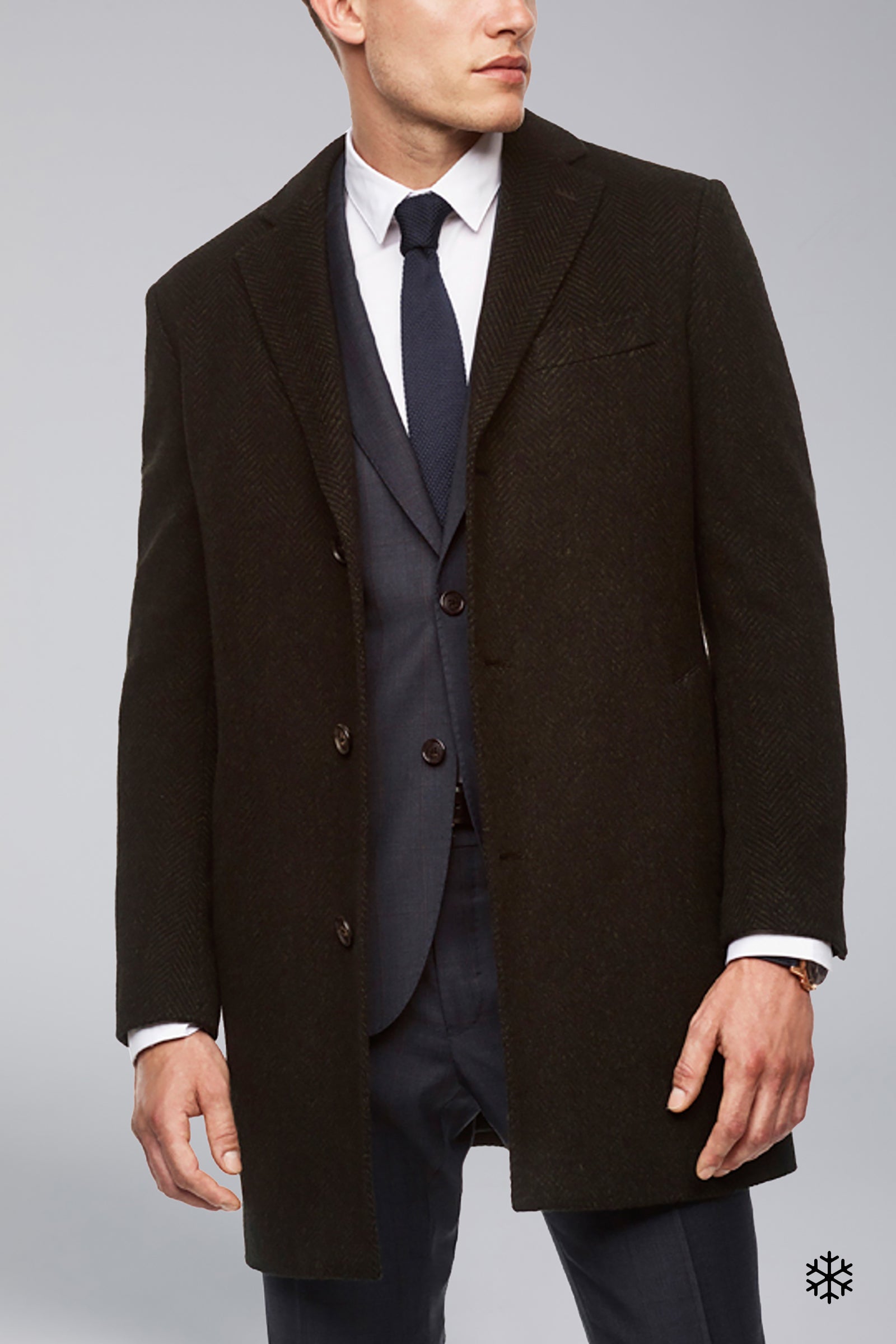 Cardinal of Canada | Slim Fit Herringbone Wool Overcoat in Olive-Navy