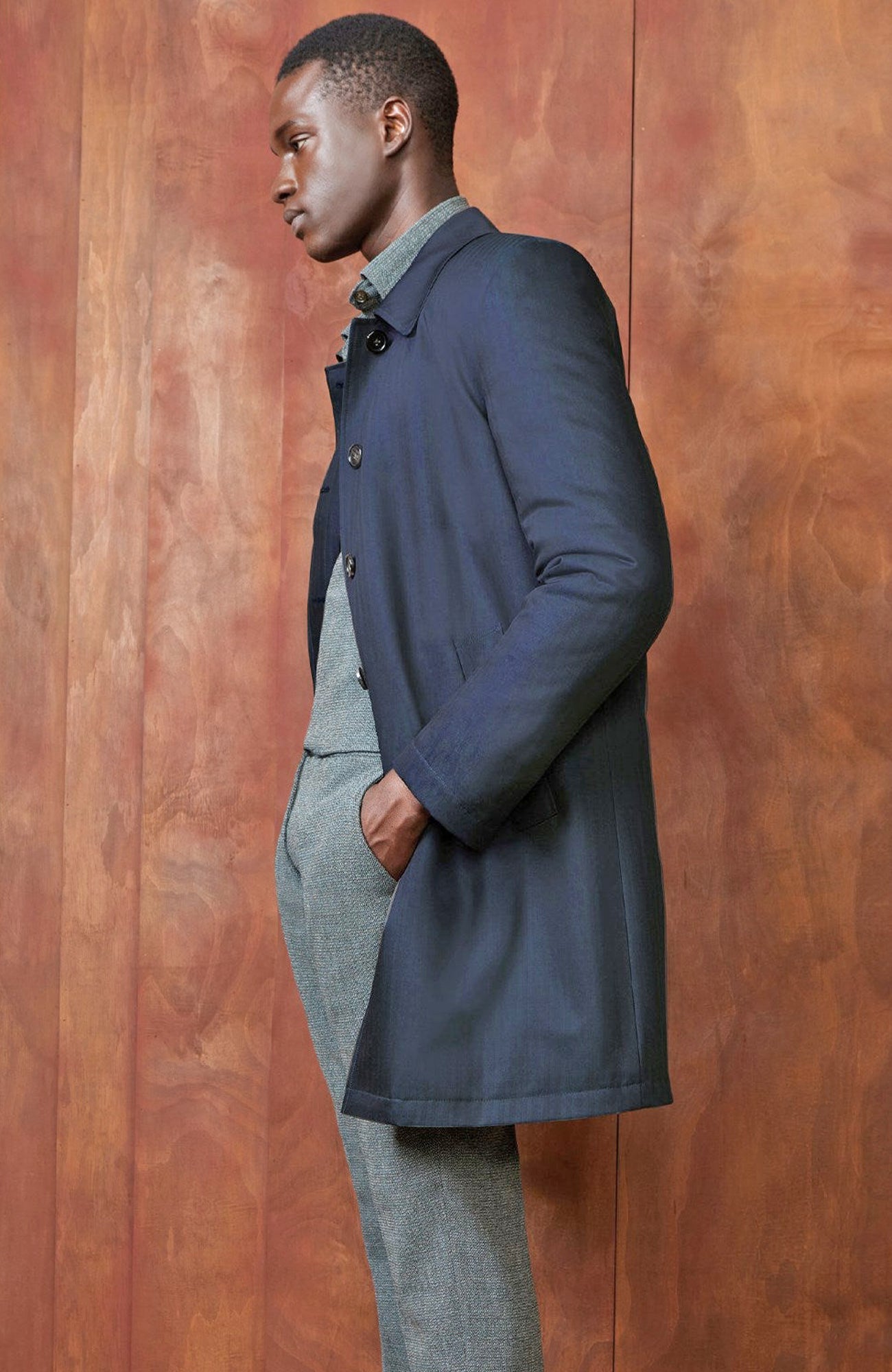 MANU NAVY HERRINGBONE WOOL TOPCOAT