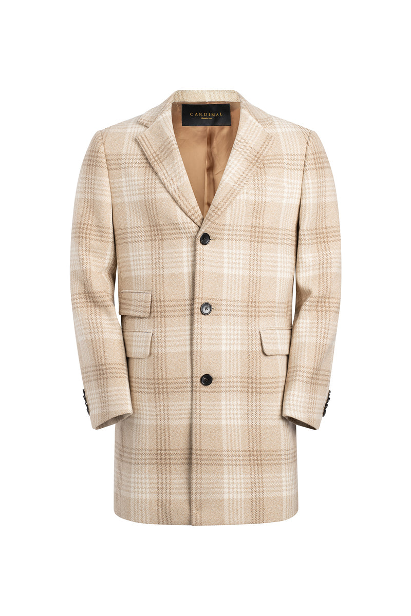 SAMUEL WOOL & CASHMERE OATMEAL PLAID TOP COAT - Cardinal of Canada-CA - Samuel oatmeal plaid wool and cashmere top coat 36 inch length